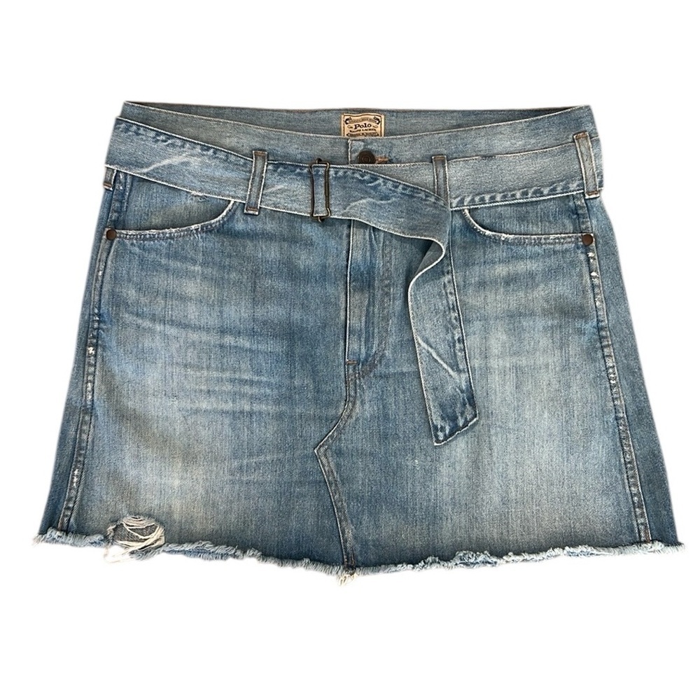 Polo Ralph Lauren for Europe Belted 4-pocket Distressed Denim Skirt (waist 35”)
